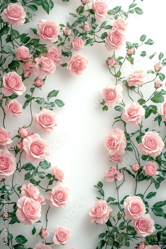 Delicate pink roses entwined with green leaves on a light background.