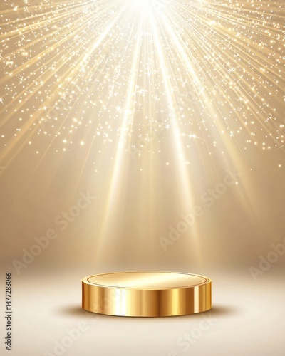 Wallpaper Mural Podium stage motivation. A glowing golden podium under radiant light beams and sparkling stars, creating a luxurious and celebratory atmosphere. Torontodigital.ca