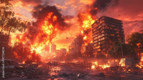 Crumbling city buildings engulfed in flames, smoke and glowing sky casting a chaotic post-apocalyptic scene