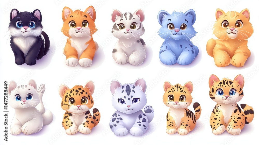Fototapeta premium Set of pastel-toned cute animal pawprint stickers with smiling faces and playful patterns