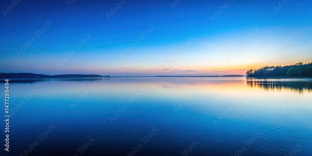 Fototapeta premium A tranquil lake scene at dawn with a serene blue gradient background transitioning from deep navy to soft sky blue