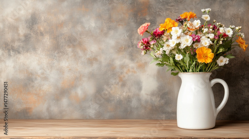 Wallpaper Mural Rustic floral arrangement in white pitcher on wooden table against textured background with empty space Torontodigital.ca