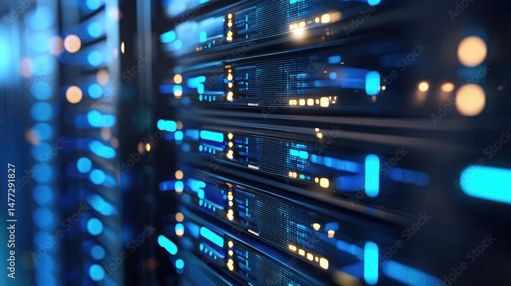Naklejka premium Close-up 3D rendering of illuminated data servers in a modern server room, featuring vibrant blue and yellow lights, ideal for technology, cloud, or IT infrastructure visuals