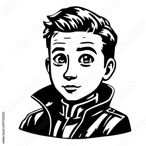 Wallpaper Mural A black and white line art illustration depicts a White teenage fallout boy with short dark styled hair and large eyes, wearing a dark jacket with a high collar, looking forward with a gentle smile Torontodigital.ca