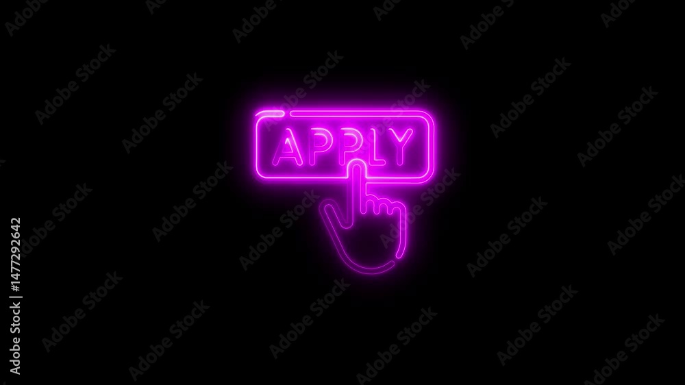 Neon apply button with finger pointing on a dark black background Neon apply button with finger pointing on a dark black background