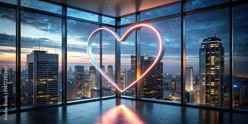 A glowing heart-shaped cutout illuminated against a darkened Valentine's Day-inspired skyscraper with sleek glass and steel fa?ade at dusk, neon light, cityscape