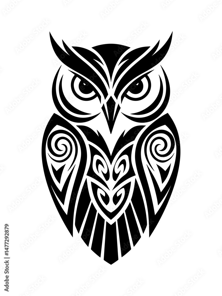 Obraz premium Intricate black and white owl illustration featuring tribal and geometric design elements.