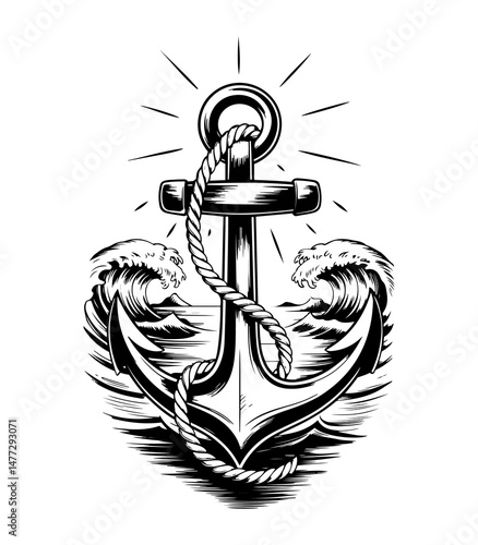 Elegant black and white nautical illustration featuring an anchor amidst ocean waves and sunlight.