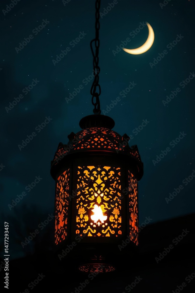 Rainy evening illuminates a decorative lantern with glowing crescent moon in backdrop scene Rainy evening illuminates a decorative lantern with glowing crescent moon in backdrop scene