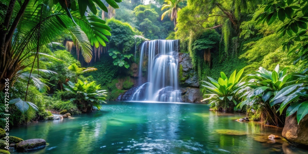 Fototapeta premium Dense foliage of exotic plants surrounding a serene waterfall , natural scenery