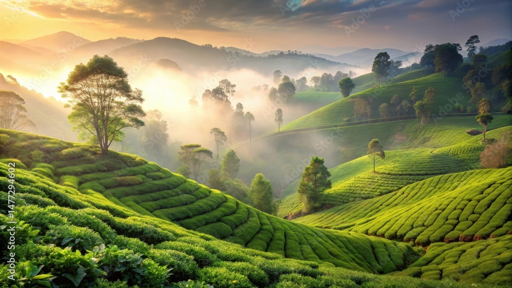 Fototapeta premium Tea plantations with lush green leaves and misty background
