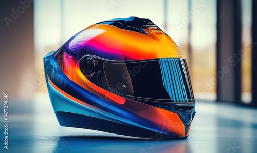 Colorful racing helmet, studio shot, indoor,  blurred background, product photography