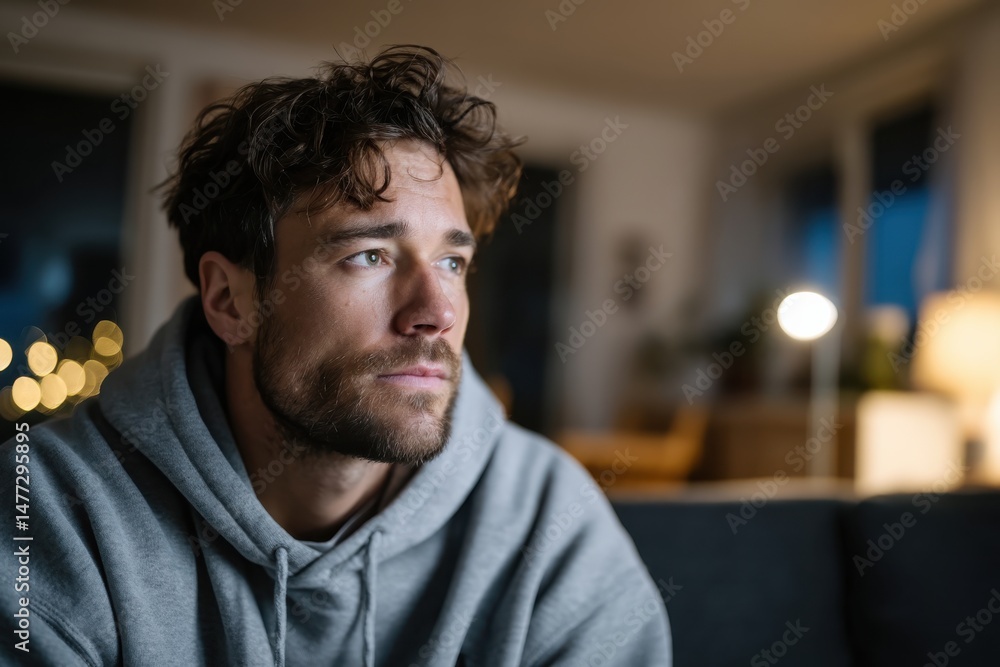 Obraz premium A young man dressed in a hoodie sits pensively on his couch at home, suggesting a serene moment of reflection and personal contemplation in a cozy living space.