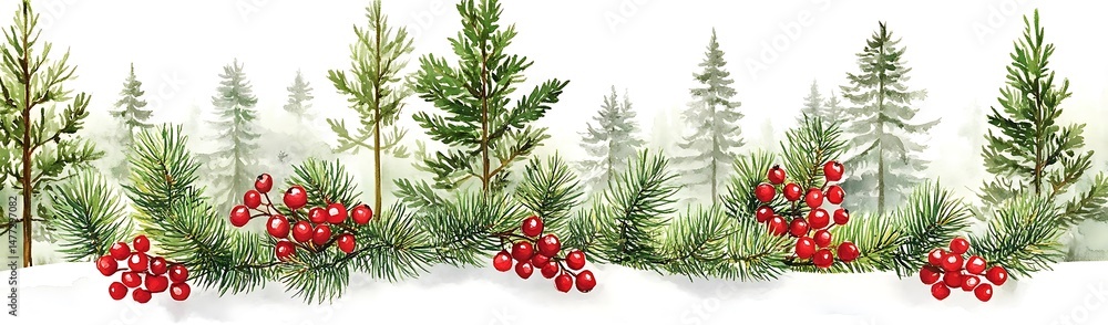 Winter forest border, red berries, snow. Holiday card design Winter forest border, red berries, snow. Holiday card design