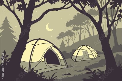 152 dome shaped tents, glowing lanterns, night outdoor camping scene, forest landscape, moody lighting, warm atmosphere, dreamlike, ethereal, cinematic