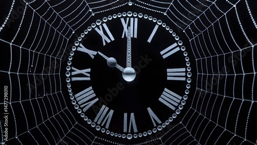 Water Droplet Clock Face on Spider Web with Roman Numeral
