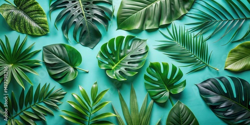 Lush Tropical Foliage Arranged on a Vibrant Teal Background, Featuring a Variety of Exotic Plant Life, Ideal for Decorative Purposes