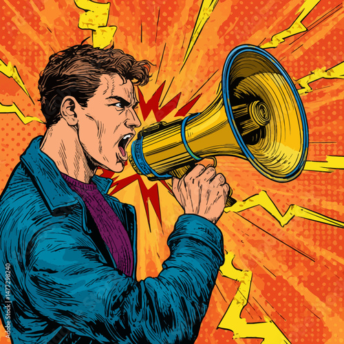 A man stands outdoors, holding a megaphone and passionately shouting. His expression conveys urgency and determination as he tries to share a message, surrounded by a vibrant backdrop.