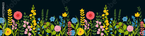 Cute horizontal banner with hand drawn blooming flowers. Floral seamless patterns border. Vector illustration on black background.
