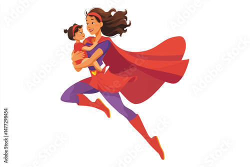 A mother flies through the air with her baby securely held in her arms, both filled with joy and energy. The moment radiates love, protection, and the bond between them.