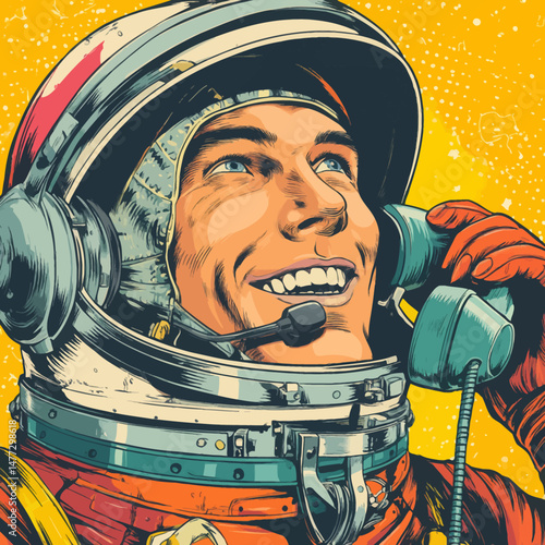 An astronaut wearing a colorful space suit is cheerfully holding a vintage telephone to his ear. The vibrant yellow backdrop highlights his joyful expression, creating a playful cosmic theme.