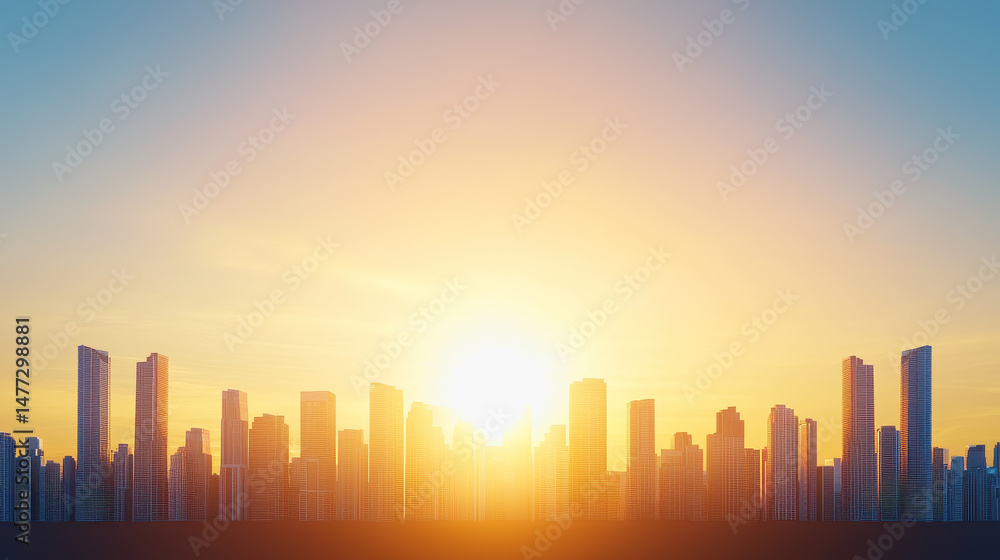 Fototapeta premium Breathtaking city skyline at sunset with vibrant colors casting a beautiful glow over the urban landscape