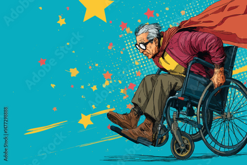 An elderly man enthusiastically navigates his wheelchair, adorned in a superhero costume complete with a cape.