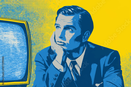 A man dressed in formal attire sits thoughtfully while watching television at home during a quiet evening. His expression reveals curiosity and engagement with the program.