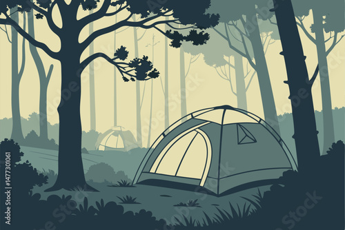 152 dome shaped tents, glowing lanterns, night outdoor camping scene, forest landscape, moody lighting, warm atmosphere, dreamlike, ethereal, cinematic