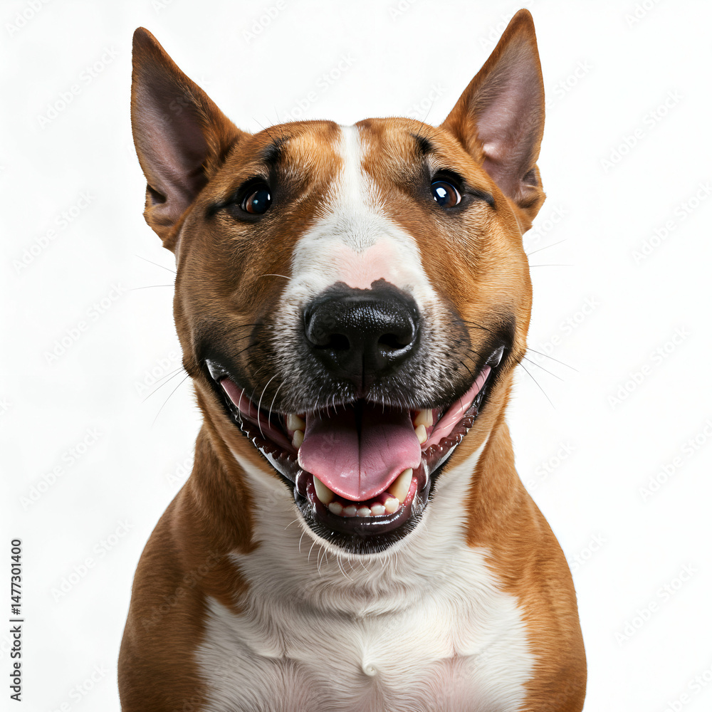 Happy Bull Terrier face portrait Smiling on a white background. Happy Bull Terrier face portrait Smiling on a white background.