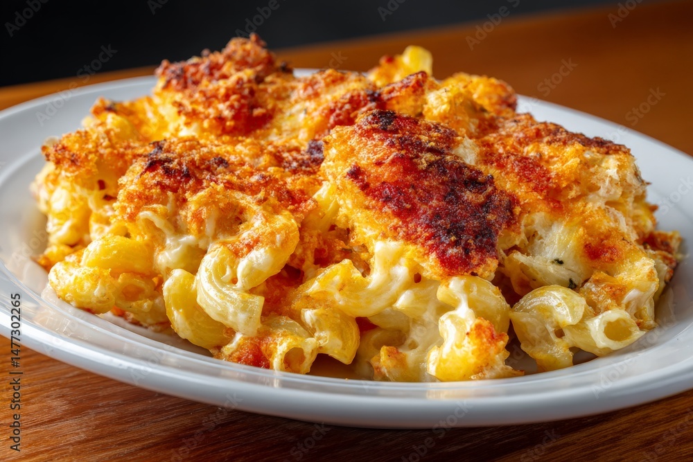 Baked macaroni and cheese served on a white plate during a cozy dinner gathering Baked macaroni and cheese served on a white plate during a cozy dinner gathering