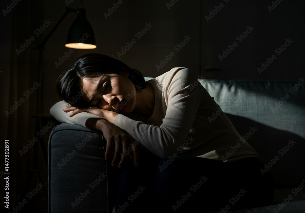 Obraz premium Sleepless Woman finds no peace on the sofa with insomnia frustration.