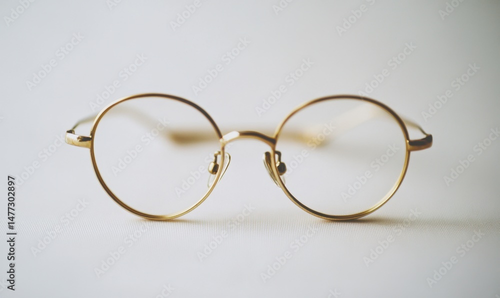 Fototapeta premium Gold round glasses on white background; vision, eyewear, optics