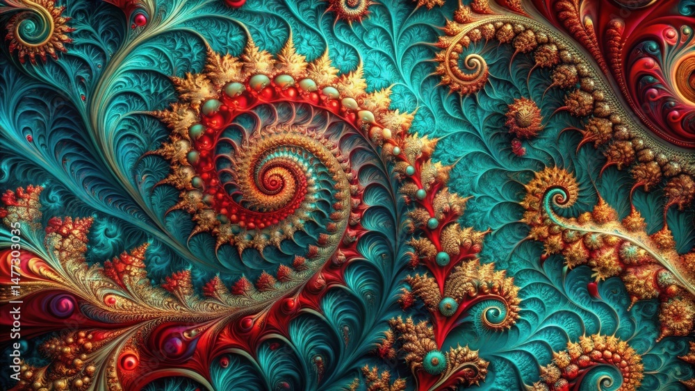 Intricate swirling patterns of vibrant teal, gold, and crimson hues create a mesmerizing fractal art composition, showcasing a dynamic interplay of organic forms and mathematical precision. Intricate swirling patterns of vibrant teal, gold, and crimson hues create a mesmerizing fractal art composition, showcasing a dynamic interplay of organic forms and mathematical precision.