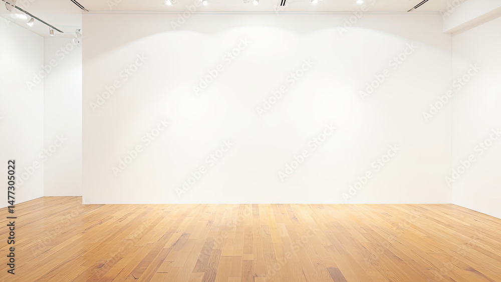 Bright modern gallery or exhibition space with white walls and wooden flooring
