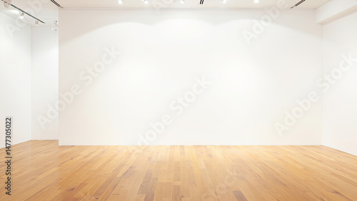Bright modern gallery or exhibition space with white walls and wooden flooring