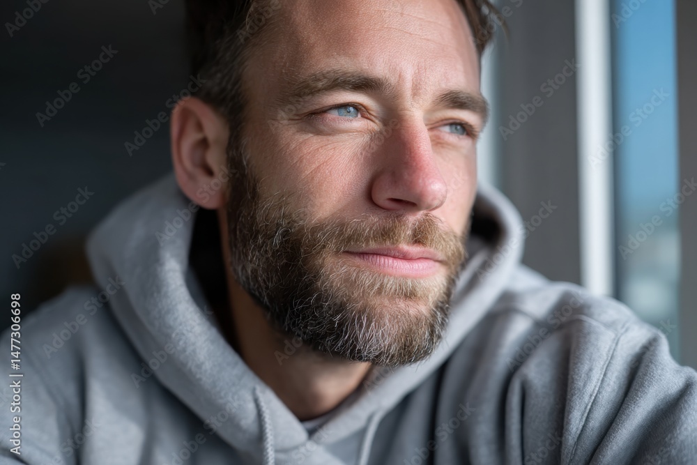 Fototapeta premium A close-up of a man with a beard, gazing thoughtfully out of a window, capturing a moment of contemplation and depth, with natural light highlighting his features.