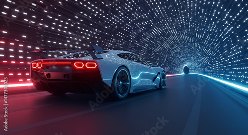 Futuristic Silver Sports Car with Glowing Blue Neon Accents Parked in a Tunnel with Lines of Neon Lights