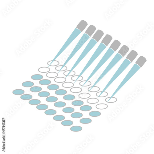 The samples were dropped from pipette tip to the well of 96-well plate with multi-channel of Autopipette or Micropipette for testing or diagnosis something, the picture represented in icon concept.