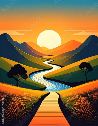 Wallpaper Mural Minimalist River Path at Sunset Between Hills Torontodigital.ca