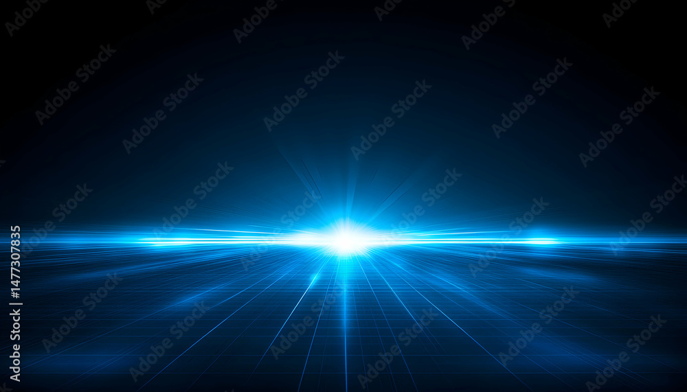 Abstract blue light rays emanating from horizon, futuristic grid background, technology concept. Abstract blue light rays emanating from horizon, futuristic grid background, technology concept.