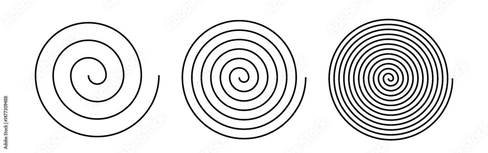 Spiral icons with varying line thickness PNG. Optical illusion elements, hypnotic whirl, tornado shapes. Vector symbols for motion, dizziness, dynamic design. Spiral icons with varying line thickness PNG. Optical illusion elements, hypnotic whirl, tornado shapes. Vector symbols for motion, dizziness, dynamic design.