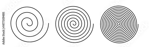 Spiral icons with varying line thickness PNG. Optical illusion elements, hypnotic whirl, tornado shapes. Vector symbols for motion, dizziness, dynamic design.