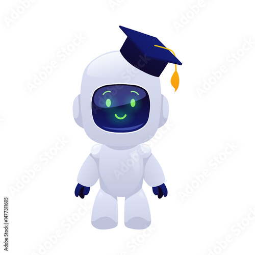 Chat bot robot with graduate cap, cute AI assistance machine vector flat icon, online education, distance studying