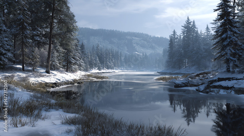 snowy lake with distant forest