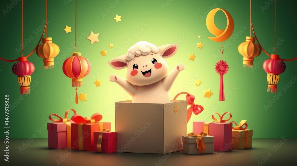 Naklejka premium A charming illustration features a cheerful lamb emerging from a gift box, festive and joyful.
