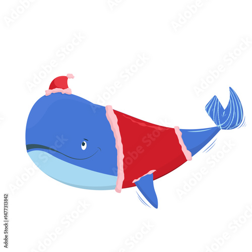 vector illustration of a whale in a New Year's costume with a cap on its nose. The theme of holidays and children's illustrations