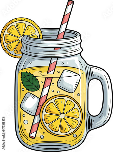 handle glass jar of yellow lemonade with straw ice and mint design stock photos