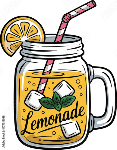 handle glass jar of yellow lemonade with straw ice and mint design stock photos