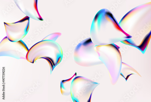 3D Holographic liquid shapes. Colorful iridescent bubble on white background. Abstract vector frame.